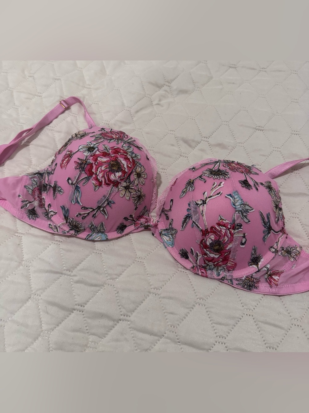 Victoria’s Secret Pink floral push-up bra with red, white, and black flowers